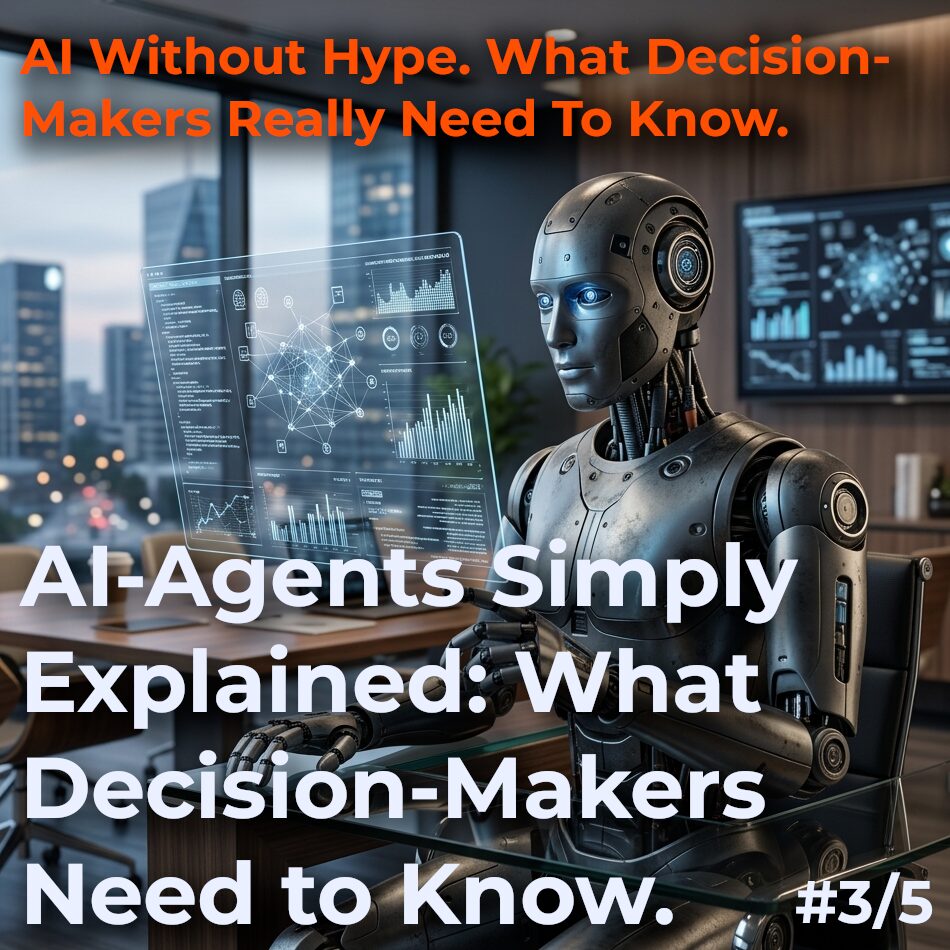 AI agents in business: a digital agent connects systems, makes decisions and executes tasks automatically, while a human remains in control.