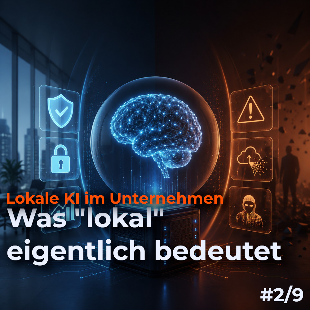 Ein stilisiertes Gehirn auf einem Server symbolisiert lokale KI-Verarbeitung. Links auf blauem Hintergrund stehen Sicherheitsschild, Schloss und Wachstumsdiagramm für die Vorteile lokaler KI: Datenschutz, Kontrolle und Effizienz. Rechts auf orangem Hintergrund warnen ein Warnschild, ein Cloud-Symbol und eine Hacker-Ikone vor den Risiken externer KI-Lösungen. Text auf dem Bild: Was "lokal" eigentlich bedeutet.